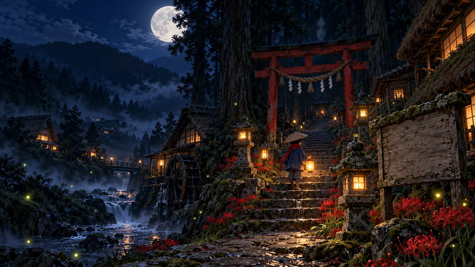 Moonlit Kagatsu Village, a red torii, and a child with a lantern on stone steps