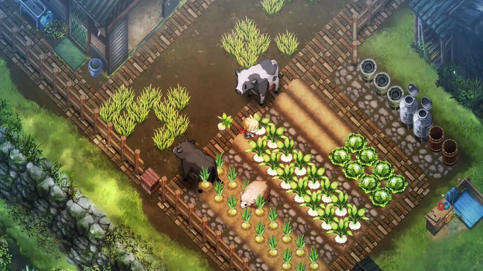Daytime farm plot in Village in the Shade with cabbage rows, a cow, and stone walls