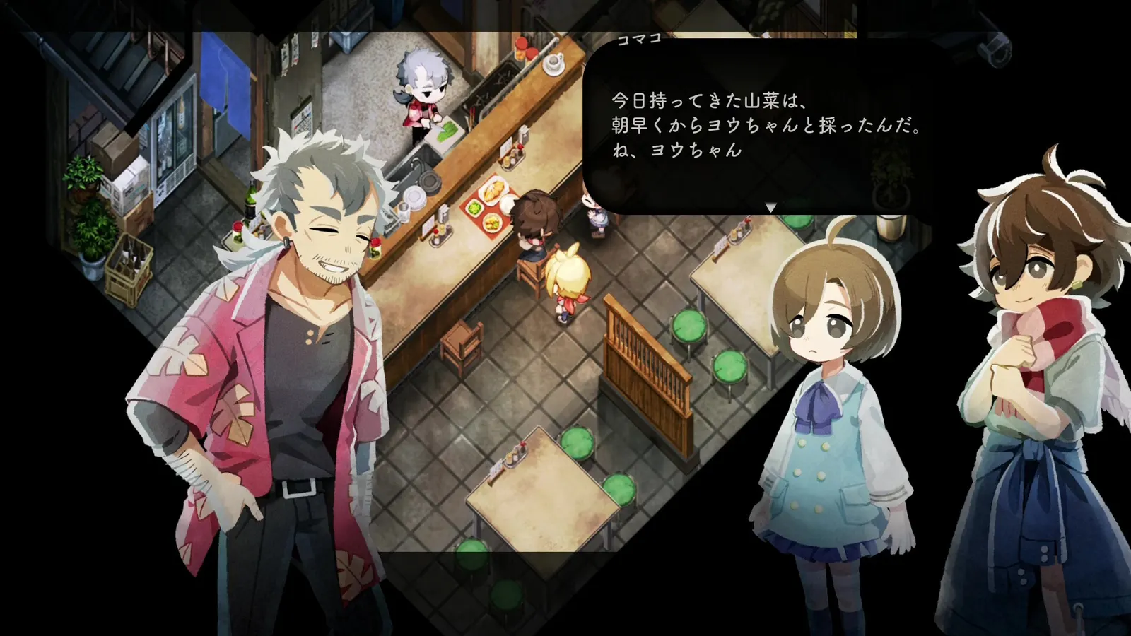 Dialogue scene with villagers and the child protagonist inside a shop