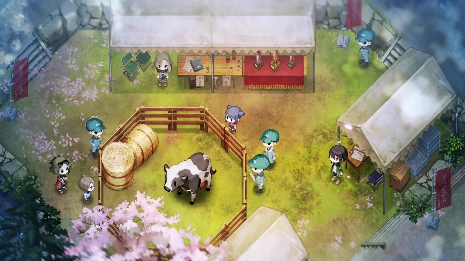 Livestock pen with a cow, cherry blossoms, and several villagers