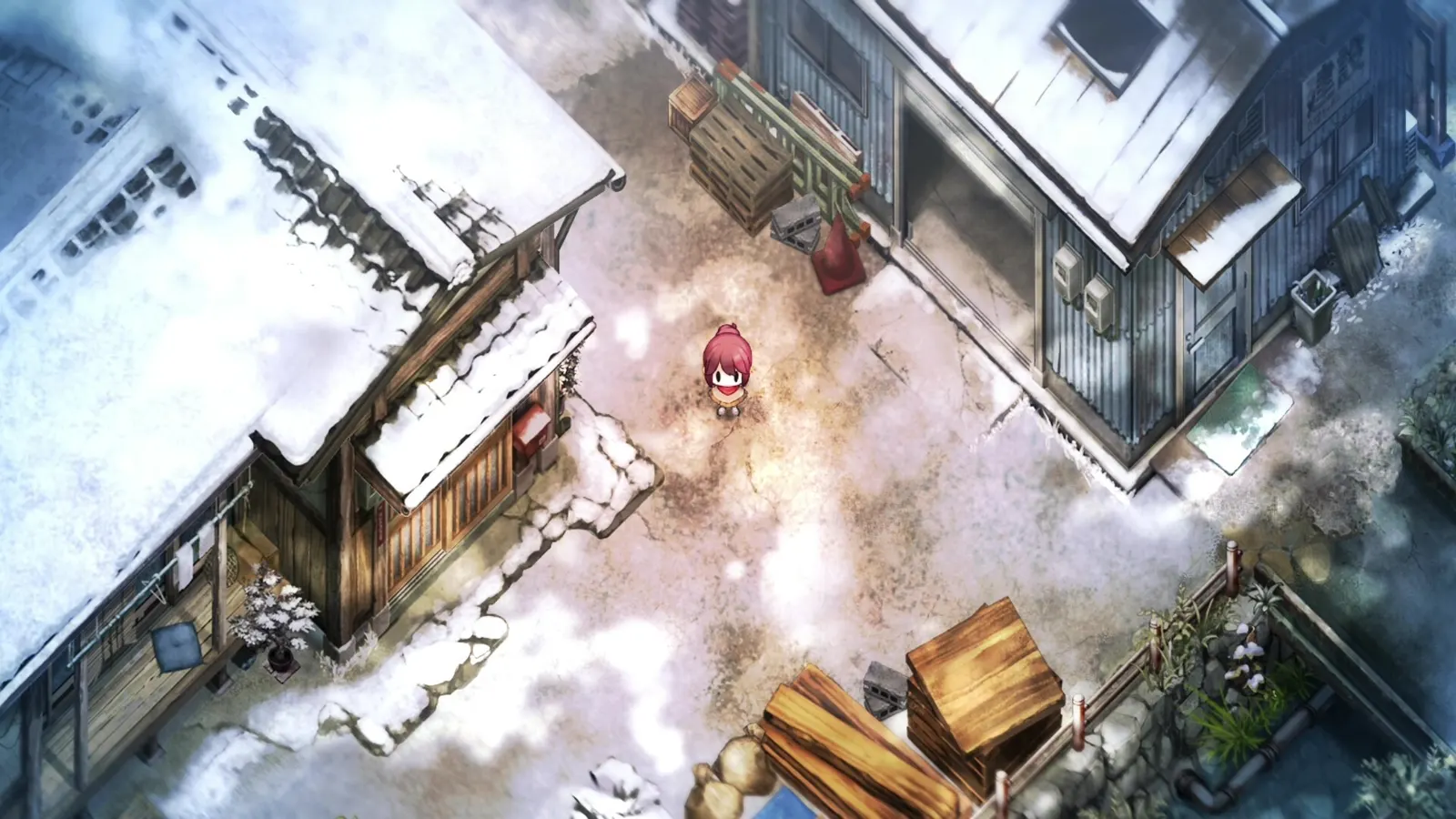 Snowy street in Kagatsu Village with a character in a red scarf