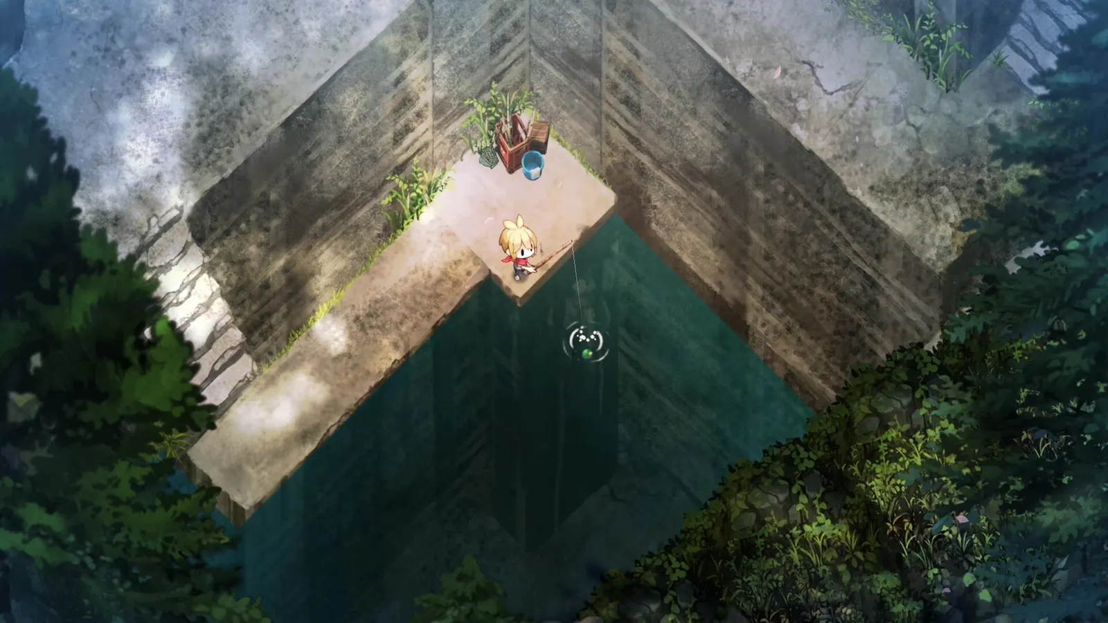 Dusk cliff path where a character carries a light above the trees